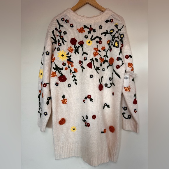 NWT Anthropologie Floral Appliqué Embroidered Cream Sweater Tunic Mini Dress - Picture 12 of 12